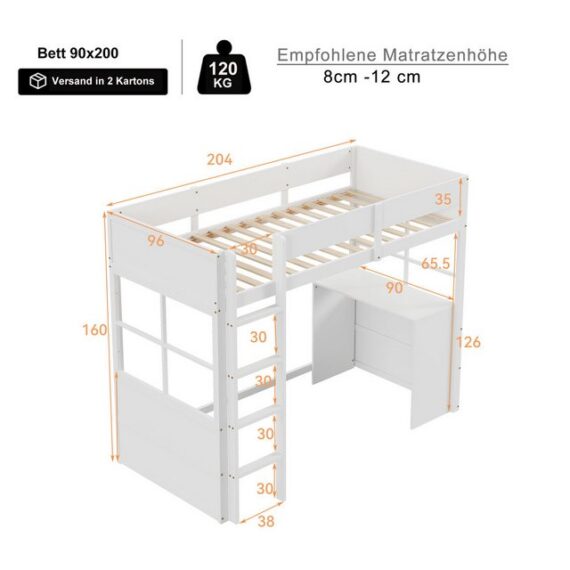 Flieks Hochbett Kinderbett Einzelbett 90x200cm mit Tisch und Sicherheitszaun