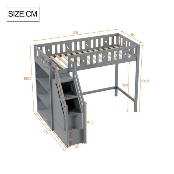 HAUSS SPLOE Hochbett 90X200 cm, mit Stauraumleiter und Regalen, Massivholzrahmen, grau