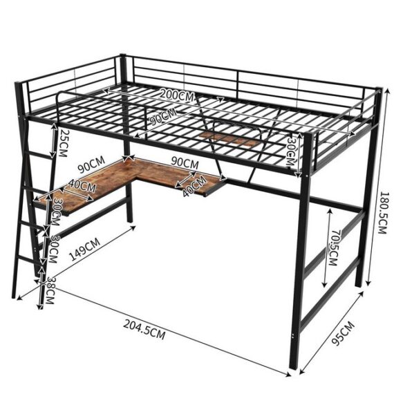 HAUSS SPLOE Hochbett 90x200cm mit L-förmigem Schreibtisch und einem Regal, schwarz