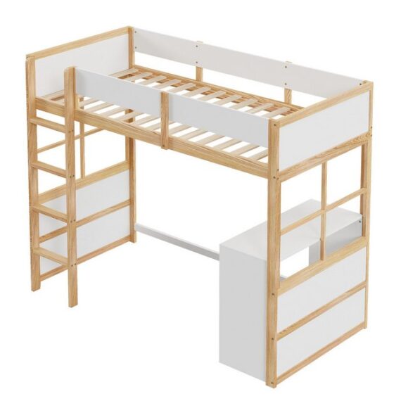 HAUSS SPLOE Kinderbett 90x 200cm mit Sicherheitstreppe, mit Tisch, hohes Zaundesign, Holz (Sicherheitstreppe, mit Tisch, hohes Zaundesign, 90x200 cm), ohne Matratze