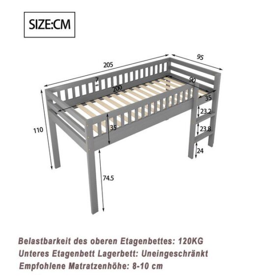 HAUSS SPLOE Kinderbett 90x200 cm Massivholzbett mit Lattenrost, mit Sicherheitsleiter, grau (Holzbett Hochbett Jugendbett, 90x200 cm), ohne Matratze