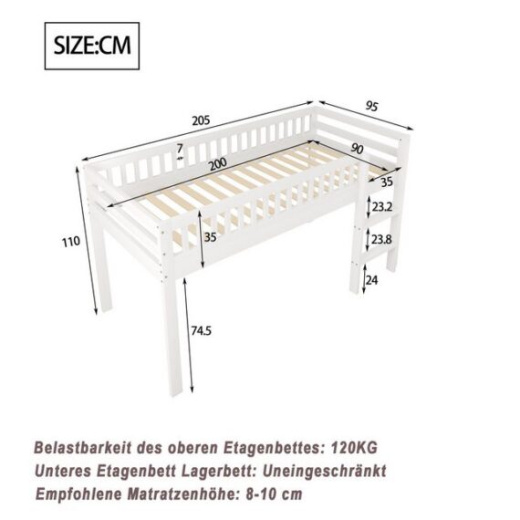 HAUSS SPLOE Kinderbett 90x200 cm Massivholzbett mit Lattenrost, mit Sicherheitsleiter, weiß (Holzbett Hochbett Jugendbett, 90x200 cm), ohne Matratze