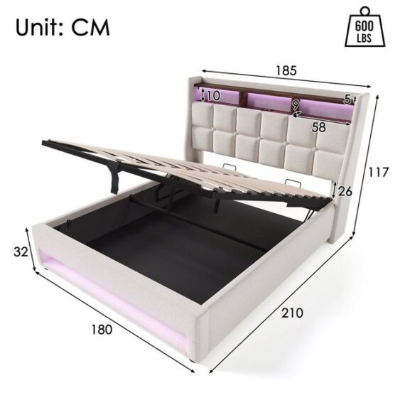 HAUSS SPLOE Polsterbett Polsterbett hydraulisches Doppelbett Funktionsbett Bettrahmen (LED Doppelbett Jugendbett mit USB/Typ-C Ladeanschluss), 180x200cm,Ohne Matratze