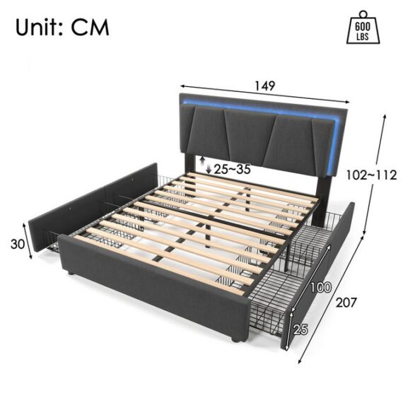 HT Bett Polsterbett mit LED-Beleuchtung und 4 Schubladen (Doppelbett 140x200cm Stauraumbetten Bettgestell), Höhenverstellbarem Kopfteil, Lattenrost aus Holz (Ohne Matratze)