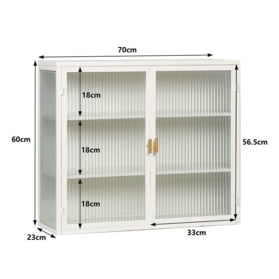 HT Hängeschrank mit dreistufiger Lagerung, 70 x 60 x 23 cm Glastüren Moderner zweitüriger Wandschrank für Eingangsbereich, Küchen