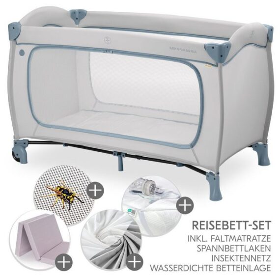 Hauck Baby-Reisebett Sleep N Play Go Plus XXL Set - Dusty Blue, Kinder Reisebett mit Matratze, Spannbettlaken & Insektenschutz faltbar