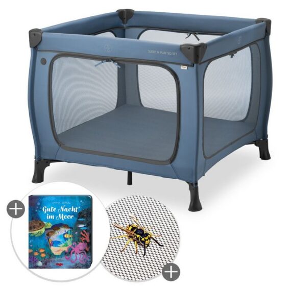 Hauck Baby-Reisebett Sleep N Play SQ Set - Dark Blue, Reisebett Laufgitter faltbar mit Matratze und Insektenschutz bis 15 kg