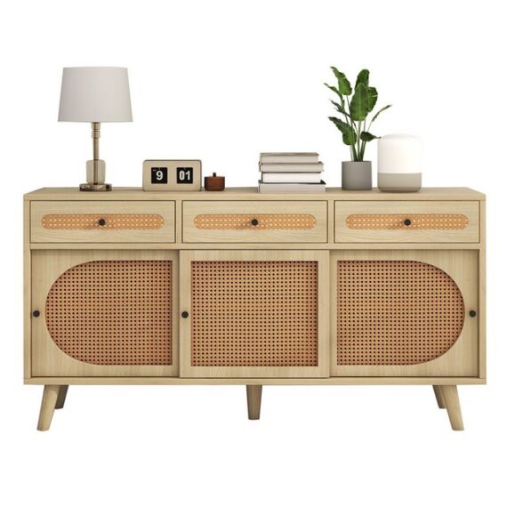 IDEASY Bauernschrank Aufbewahrungsschrank aus Eichenrattan, Sideboard, (140*40*78 cm, verstellbare Regale) 3 Schubladen, mit 3 Schiebetüren, 15 cm über dem Boden