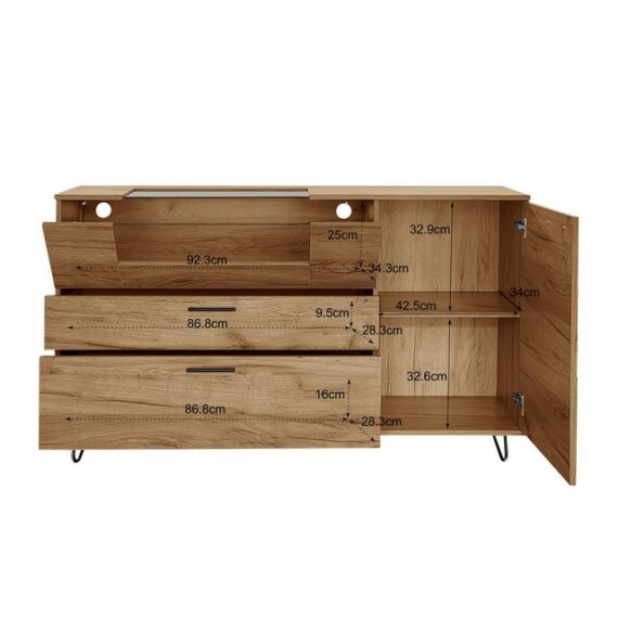 IDEASY Beistellschrank Küchenschrank,Aufbewahrungsschrank,Sideboards (mit Glastüren und App-gesteuerten LED-Leuchten, 140*38*79,5cm) 2 Schubladen, 2 Schranktüren,Feuchtigkeitsresistente Metallfüße