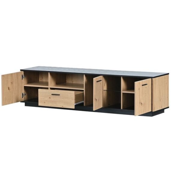 KLAM HOME TV-Schrank TV-Lowboard mit 1 Schublade und 3 Türen (1er Set) TV-Board 180 x 40 x 45cm, Sideboard mit LED-Leuchten, aus Holz