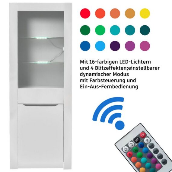 KLAM HOME Vitrine Standvitrine Aufbewahrungsschrank mit LED-Lichtern und Regalen Bücherschrank Aktenschrank Vitrinenschrank Küchenschrank