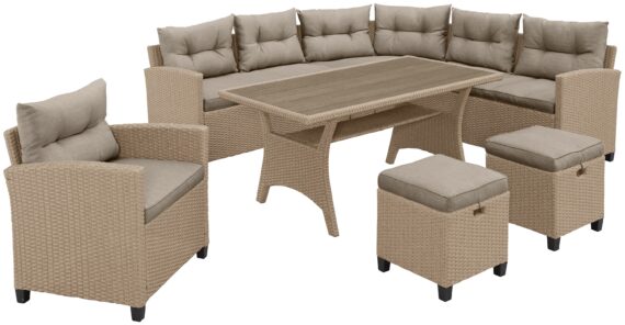 KONIFERA Gartenlounge-Set "Keros Premium", (Set, 20 tlg., 2x 2er Sofa, 1x Ecke, 1x Sessel, 2x Hocker, 1x Tisch 145x75x67,5cm), Ecklounge, Polyrattan, Stahl, geeignet für 8 Personen, inkl. Auflagen