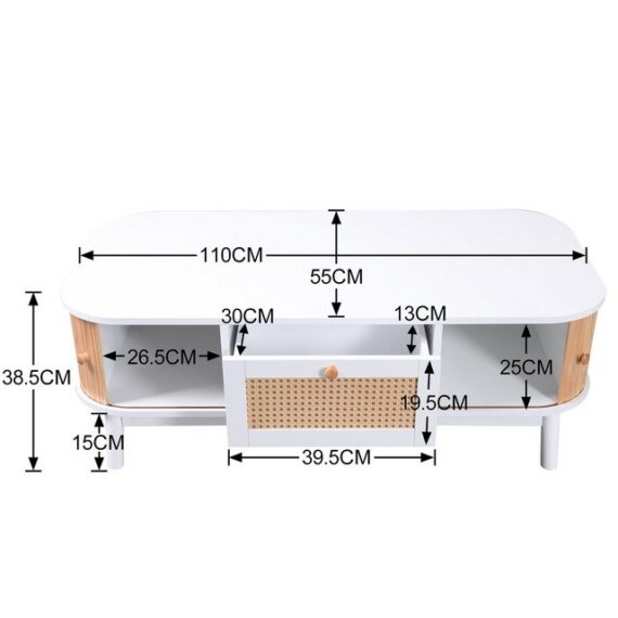 KoDise TV-Schrank TV-Sideboard 110 L x 55 B x38,5 H Kaffeetisch Kommode Massivholzbeine (Rattan-Kaffeetisch, Schubladen mit Rattan und Schiebetüren mit Massivholzlatten) Massivholzbeine, Natürlicher Landhausstil.