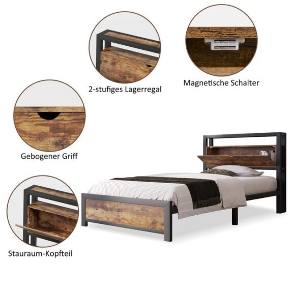 MC Star Bett Metallbett Jugendbetten Doppelbett (Stauraum-Kopfteil und Metall Lattenrost, Kinderbett Metall Bettgestell Bettrahmen Für Erwachsene, Kinder, Jugendliche)