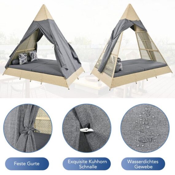 MC Star Futonbett Gartenlounge-Set, Rattanzelt, geeignet für 2-4 Personen (inklusive aller Sitzkissen und Kissen, beiges Rattan, grauer Türvorhang, Sitzkissen mit Reißverschluss, abnehmbar und waschbar)