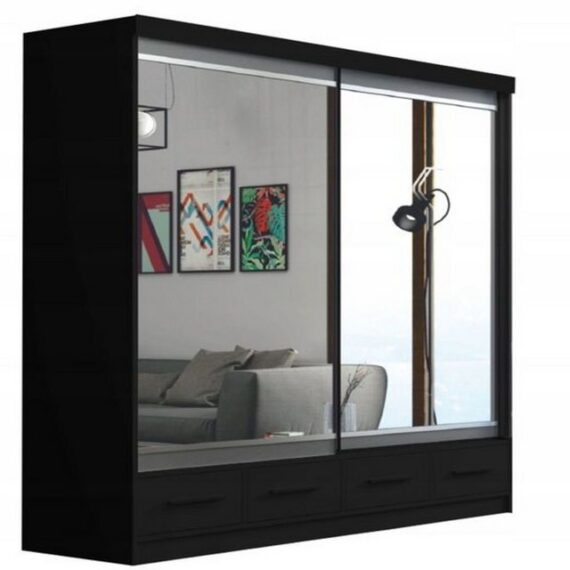 MOEBLO Kleiderschrank MARGOT (Schwebetürenschrank 2-türig Schrank Garderobe Schiebtüren Schlafzimmer, Spiegeltür, Kleiderstange und Regale, mit Schubladen) (BxHxT): 250x216x62cm