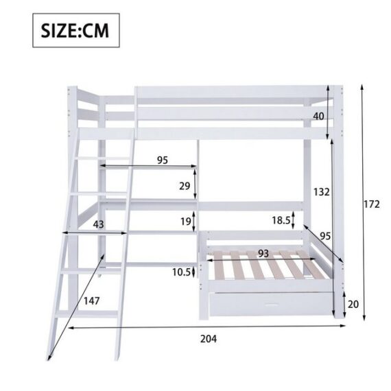 Odikalo Kinderbett Etagenbett Sofa Regalen Schublade Schrägleiter Massivholz Weiß 90x200