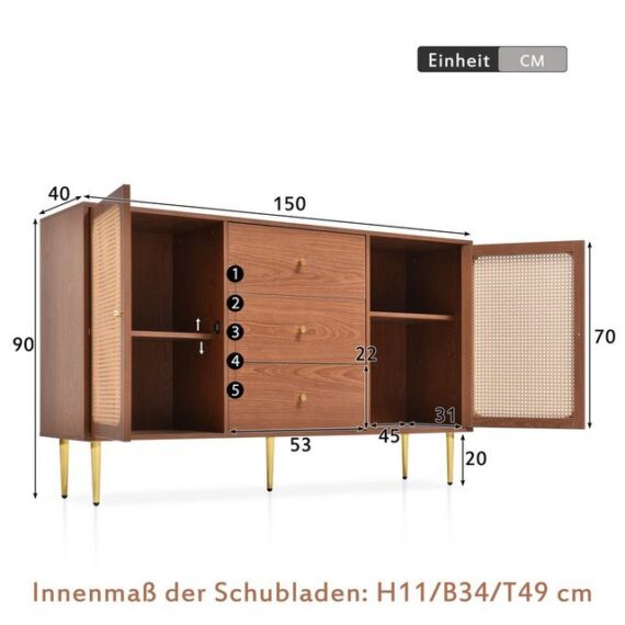 Odikalo Schuhschrank Sideboard Kommode 2 Türen 3 Schubladen Rattan Verstellbare Ablage