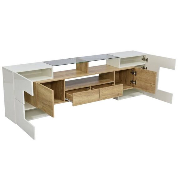 Odikalo TV-Schrank Sideboard Lowboard Hochglänzend 200cm LED Glasoberfläche Natur/Grau