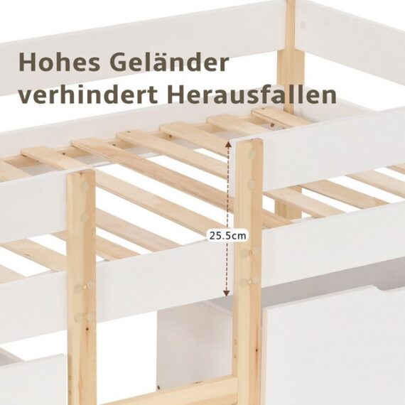 Refined Living Kinderbett Massives Kiefernholzbett Hochbett Bett mit Schublade Weißes Hochbett (1-tlg., mit Schublade und Rausfallschutz, Hochbett mit Stauraum 90x200 cm), Kiefer-Vollholz, Weiß & Eiche, Robuste Konstruktion, Praktischer Stauraum