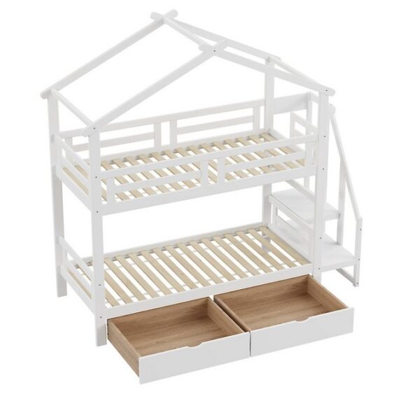 Romance Etagenbett Hausbett Kinderbett Massivholzbett Stauraumbett mit StauraumTreppe, Jugendbett mit zwei Schubladen unter dem Bett 90*200cm