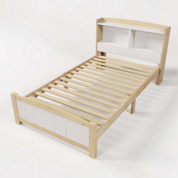 Rutaqian Bettgestell Massivholz Einzelbett Stauraum-Kopfteil Bett,90 x 200 cm (Bettgestell mit Lattenrost Holzbett mit Kopfteil (Ohne Matratze), Kinderbett Jugendbett Kiefer massiv Natürlich und Weiß