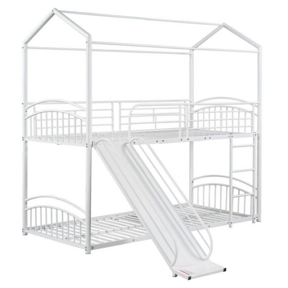 Rutaqian Etagenbett Etagenbett mit Treppe mit rechtwinkliger Leiter, Hausbett mit Rutsche, (Doppelbett , Platzsparend,Metallrahmen,(Matratze Nicht enthaltet), Kinderbett und Jugendbett mit Fallschutz und Gitter, Weiß (90x200cm)