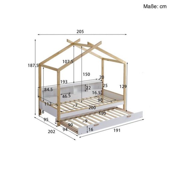 SOFTWEARY Kinderbett mit Lattenrost und Gastbett (90x200 cm), Hausbett mit Regal