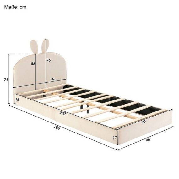SOFTWEARY Kinderbett mit Lattenrost und Kopfteil (90x200 cm), Polsterbett, Jugendbett, Samt