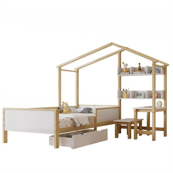 Sweiko Kinderbett Stauraumbett Funktionsbett Holzbett (mit Tisch und Hocker,mit Schubladen und Regalen,Massivholz, 1-tlg)