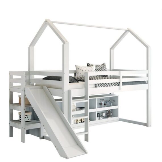 Tongtong Einzelbett Kinderbett, Mit Rutsche & Treppen & Schließfach & Regal (Ohne Matratze, Bis 150 kg belastbar, 90*200 cm), Multifunktionales Kinderbett, Massivholz+MDF, Weiß