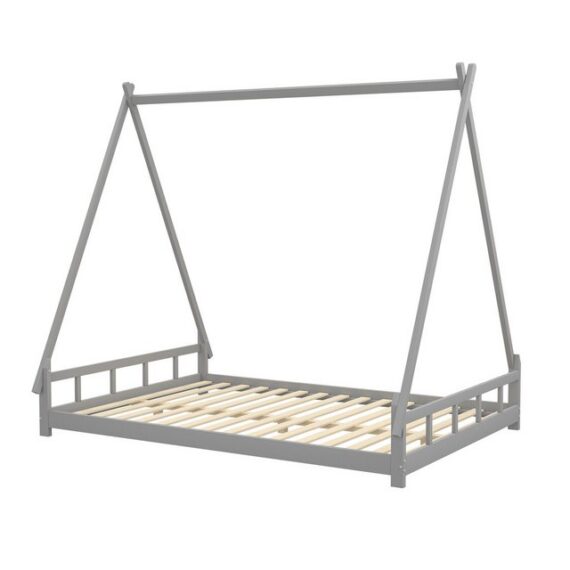 Tongtong Einzelbett Massivholz Kinderbett, Zeltbett, Hochbett, Jugendbett (Bis 200 kg belastbar, Ohne Matratze, 140*200 cm), Eltern-Kind-Bett, Massivholzbettgestell, Grau