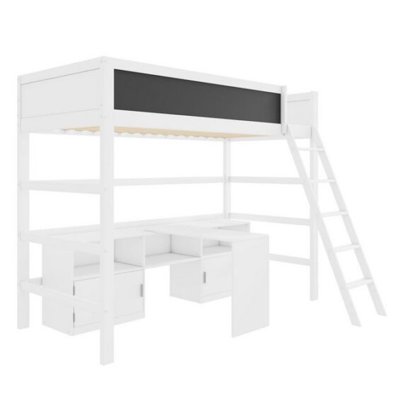 Tongtong Einzelbett Multifunktionales Kinderbett, Weiß (Bis 136 kg belastbar, Ohne Matratze, 90*200 cm), Mit Beweglicher Tisch & Brett& Kritzelbrett& Stauschrank & Leitern