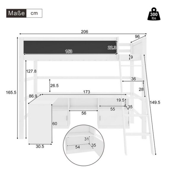 Ulife Hochbett Innovatives Kinderbett mit Leiter Tisch, Kritzelbrett und Stauschrank (Ohne Matratze) 90*200 cm, Weiß