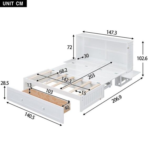 Ulife Massivholzbett Verwandelbares Holzbett Schrankbett mit Schublade und Regale, 140x200cm