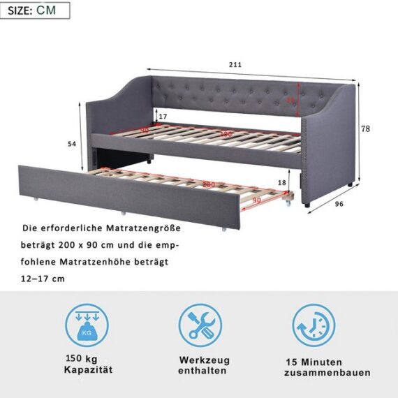 Ulife Polsterbett Daybett Kinderbett Schlafsofa Jugendbett Gästebett mit Ausziehbett, 90x200cm