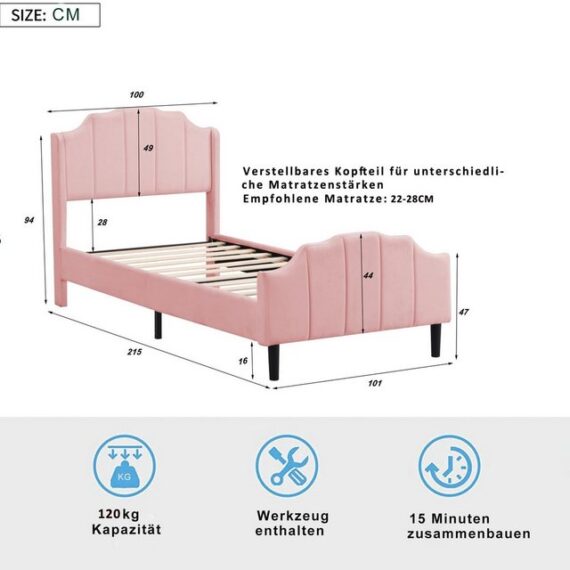 Ulife Polsterbett Kinderbett Einzelbett, Bettrahmen mit Kopfteil,Jugendbett Gästebett, mit Lattenrost, Samt, 90x200cm