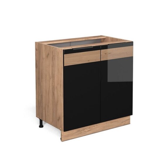 Vicco Spülenunterschrank Fame-Line, Schwarz Eiche hochglanz/Goldkraft Eiche, 80 cm mit Regal...