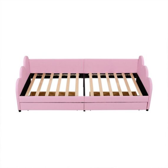 XDeer Polsterbett Polsterbett mit Rückenlehne Armlehnen und Ablagefächern, Schlafsofa Jugendbett Kunstlederstoff Kinderbett 90*200cm Rosa