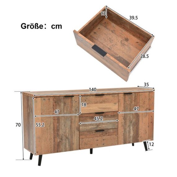 YNOFIT Seitenschrank TV bank, Kommode, 3 Schubladen mit Einlegeböden, 140*35*70cm