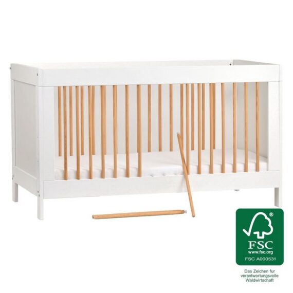 jonka Babybett Erwin - Weiß Natur, Kinderbett 70 x 140 cm - verstellbarer Lattenrost & 3 Schlupfsprossen