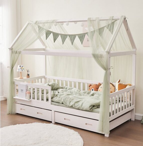 Alavya Home® Hausbett BUCHE CLOUD I KOMPLETT SET mit 2 Schubkästen (Kinderbett 80x160 cm mit Schublade inkl. Deko Khaki und Matratze I Hausbett 80x160), FSC zertifizierter aus Massivem Buchenholz