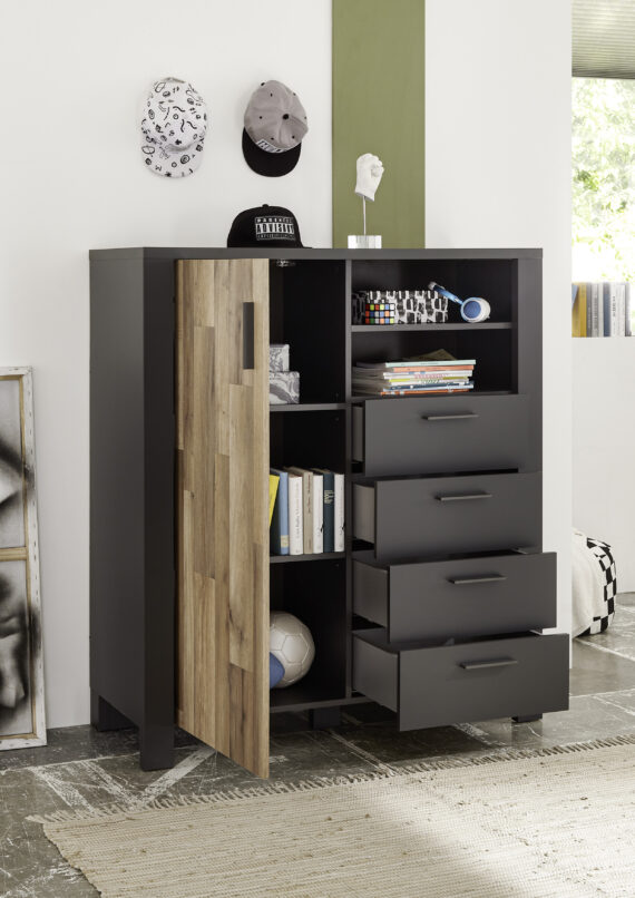 Begabino Highboard "Dallas Hochkommode, Sideboard", mit Schubkästen, Schrank in Montana Oak-Graphit