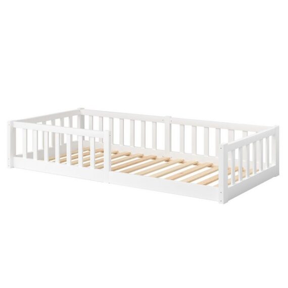 Bellabino Hausbett Bia (weiß, 120x200 cm, Bodenbett Vere mit Rolllattenrost und Rausfallschutz), bodentiefes Kinderbett in verschiedenen Ausführungen