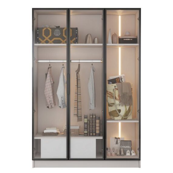 Blusmart Kleiderschrank Geräumiger und eleganter weißer Kleiderschrank (Mit 3 Glastüren, 1 Schublade und 1 Kleiderstange, , mit LED-Licht) 110*50*160 cm