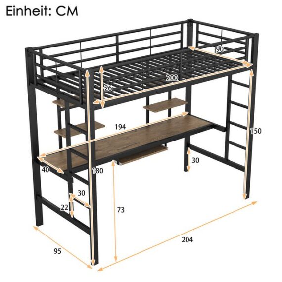 FLASMR Jugendbett Eisenbett, Hochbett mit Schreibtisch und zwei Bücherregalen für Kinder (Packung, 1-tlg)