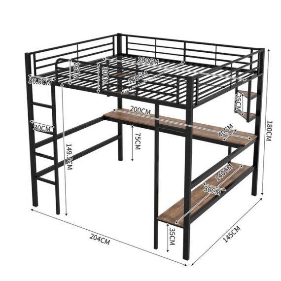 FLASMR Jugendbett Eisenbett mit Schreibtisch, Hochbett mit vier kleinen Regalen (1-tlg)