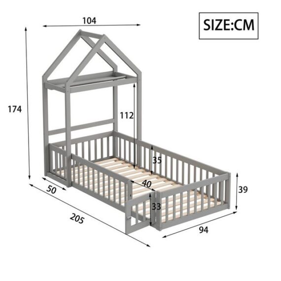 Flieks Massivholzbett, abnehmbares Kinderbett Hausbett mit Regal und Kleiderstange 90x200cm