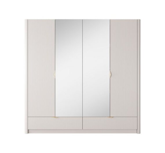 Furnix Kleiderschrank Briane viertüriger Schank mit Spiegel goldene Griffe Beige 213x208,4x54,6 cm, 5 Fächer, 2 Schubladen, Kleiderstange