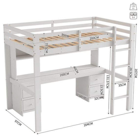 HAUSS SPLOE Hochbett 90*200cm mit Tisch, Schubladen und Fächer, Hohes Geländer, Weiß